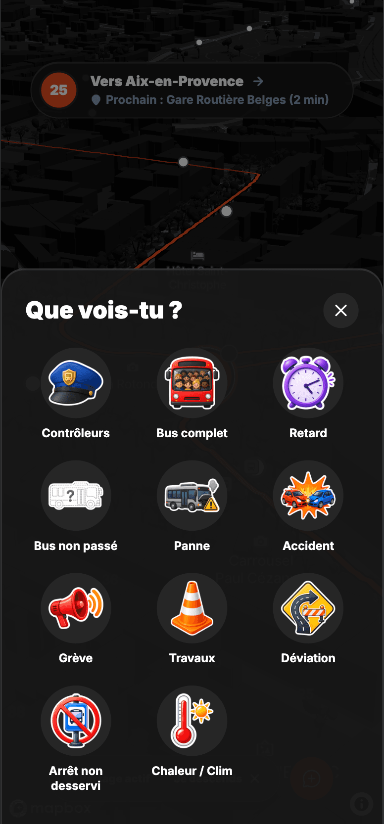 Menu Débusk de signalement d’un retard, d’un bus complet ou d’un incident