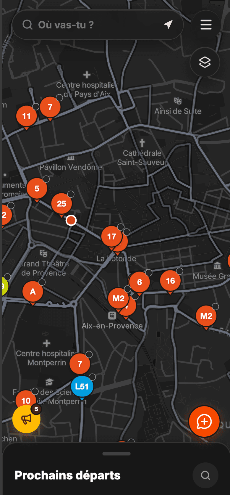 Carte Débusk affichant les lignes de bus autour du centre d’Aix-en-Provence