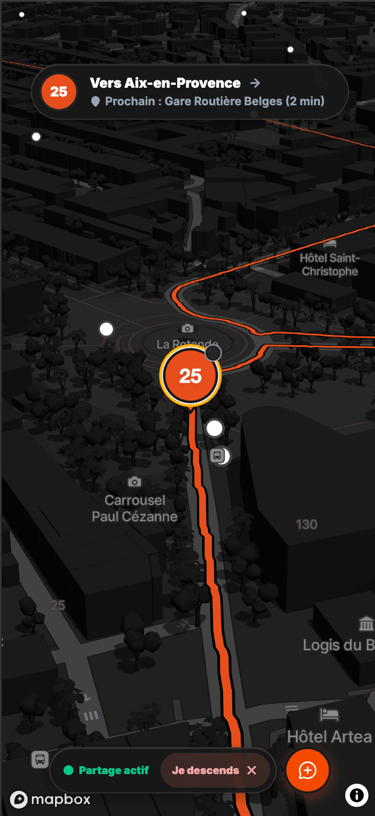 Mode conduite Débusk suivant la ligne 25 vers Aix-en-Provence sur la carte