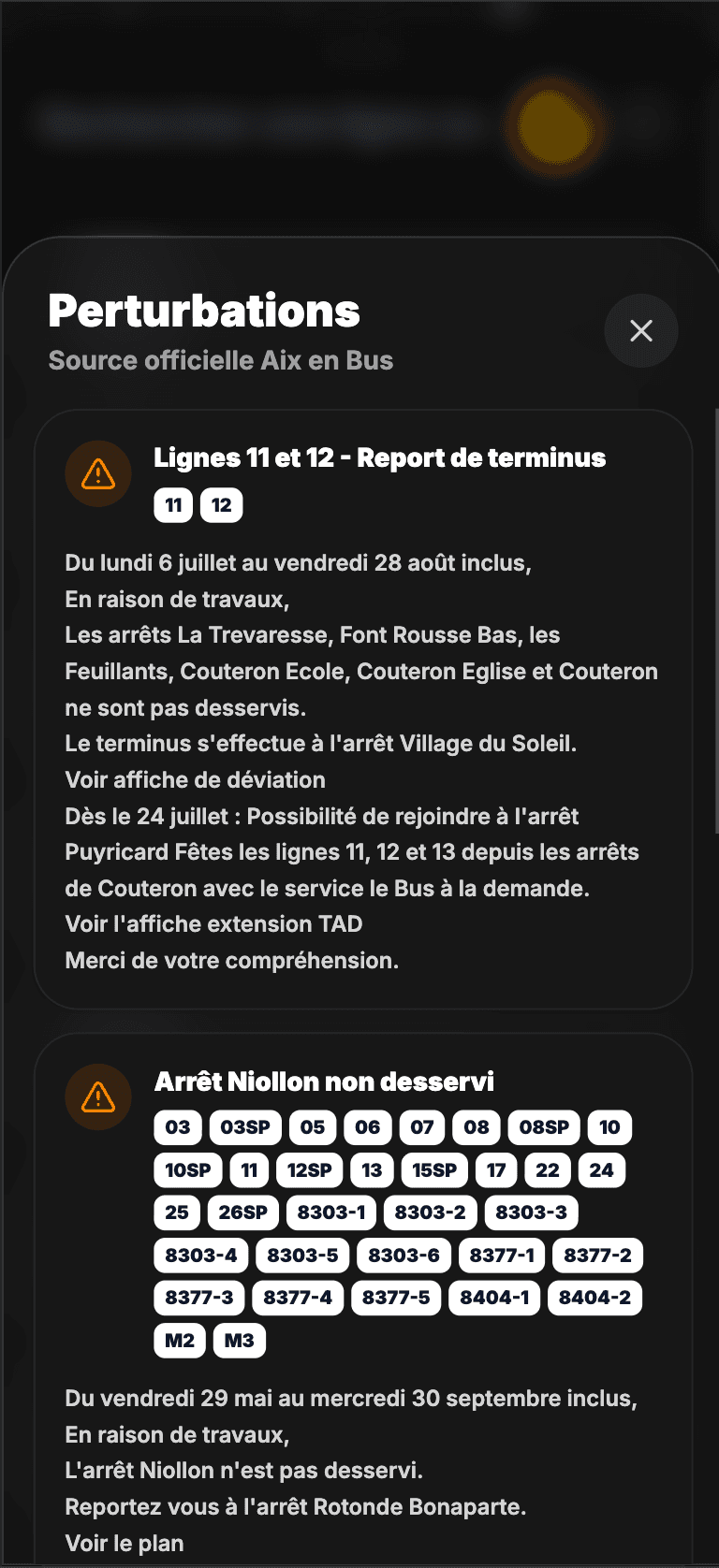 Liste Débusk des perturbations officielles Aix en Bus avec les lignes et arrêts concernés