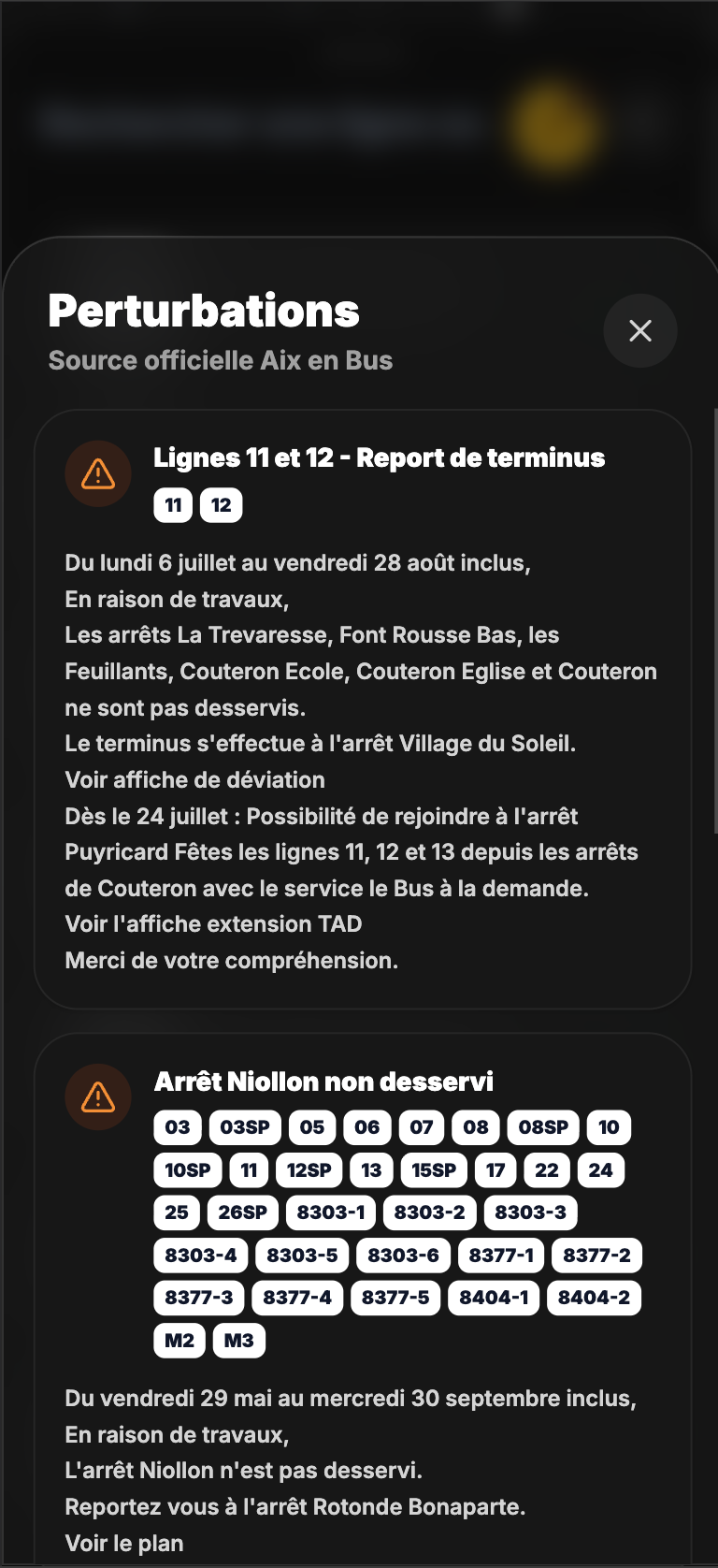 Liste des perturbations officielles du réseau Aix en Bus